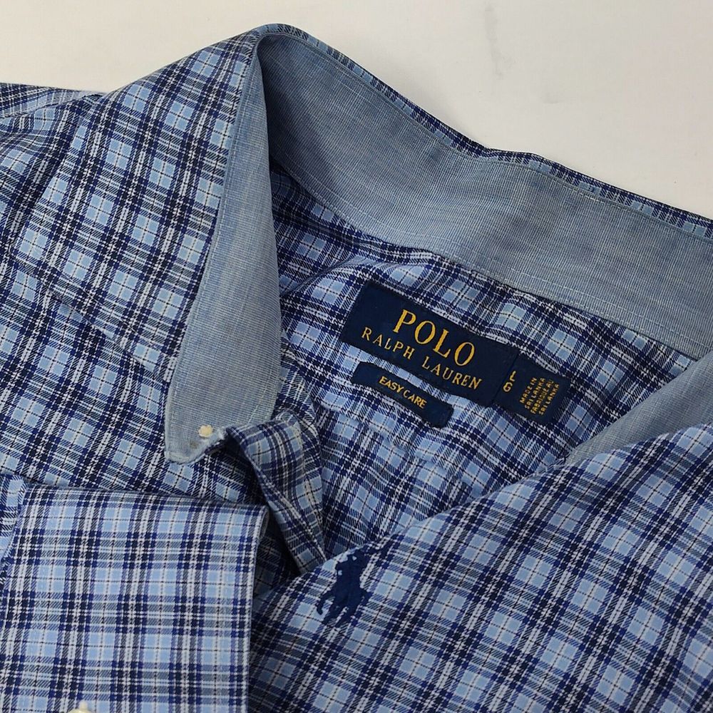 Ralph Lauren Shirt Men Large Easy Care Blue Plaid‎ Button Up Poplin Tattersall